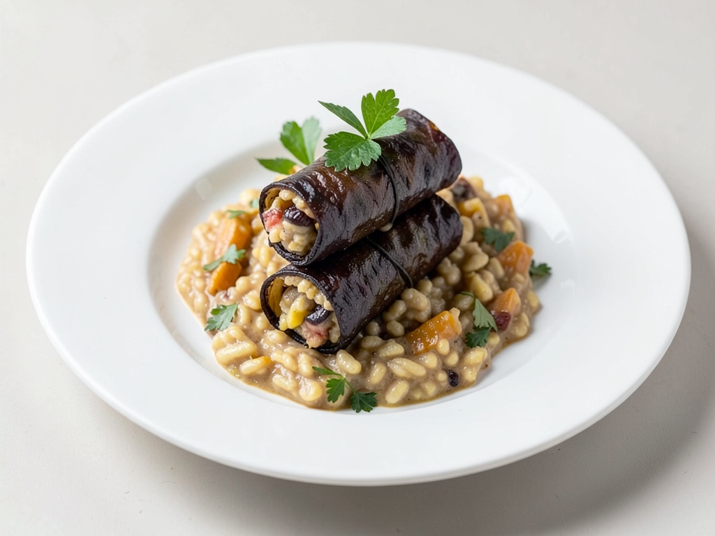Rotoli di risotto avvolti in foglie di melanzana