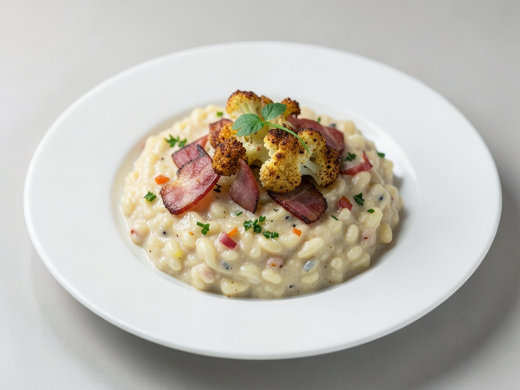 Risotto cremoso con coliflor crujiente y bacon