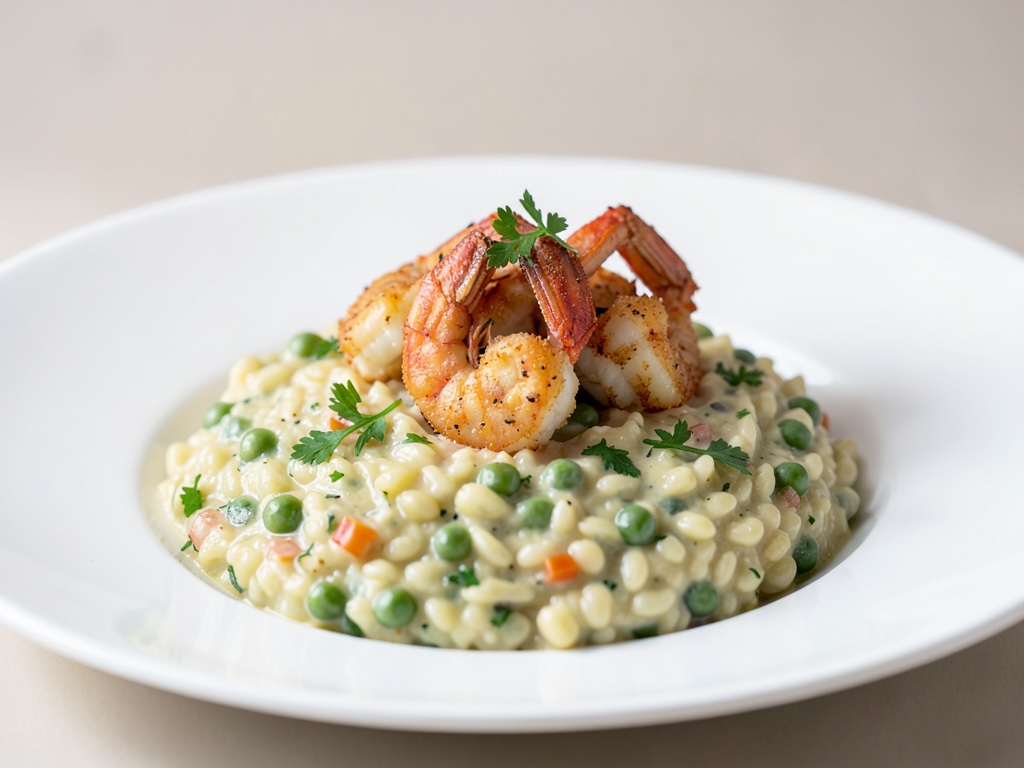 Gamberi croccanti su risotto cremoso ai piselli