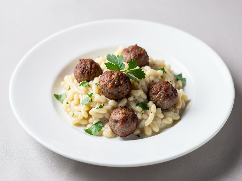 Risotto cremoso con polpettine di carne croccanti
