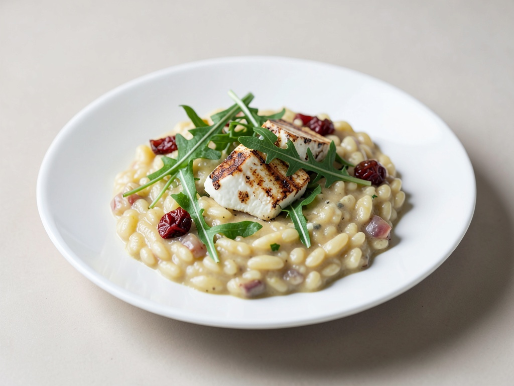 Risotto cremoso con topping di formaggio di capra alla griglia, rucola e pomodori secchi