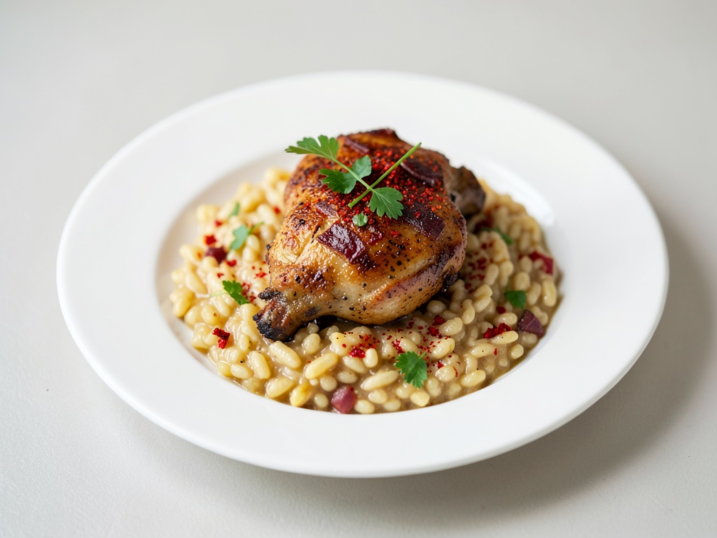 Risotto croccante di pollo con peperoni e chorizo