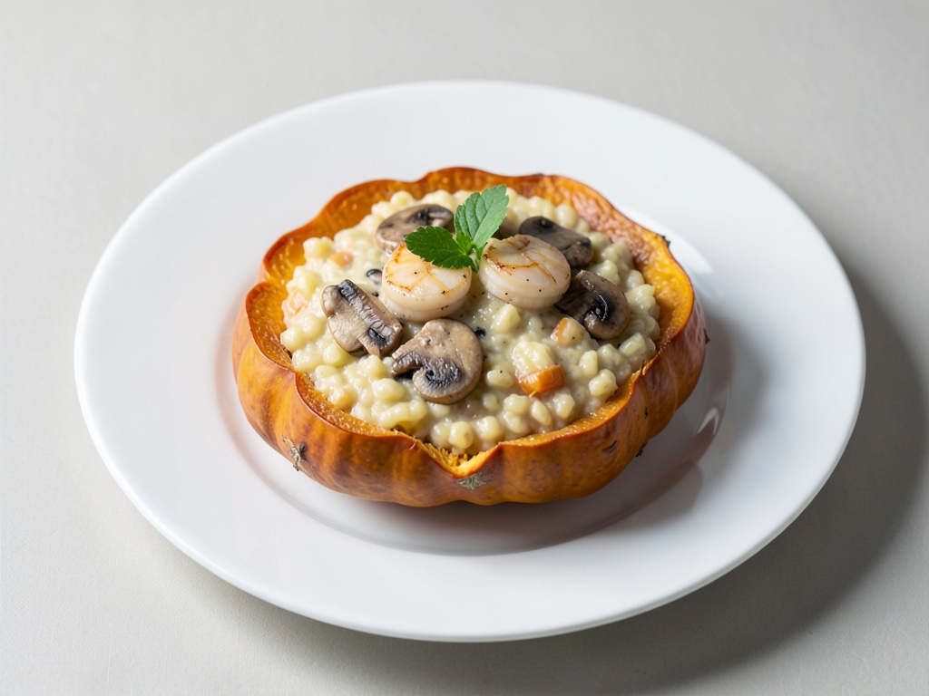 Zucche cave ripiene di risotto cremoso, funghi e scaloppi
