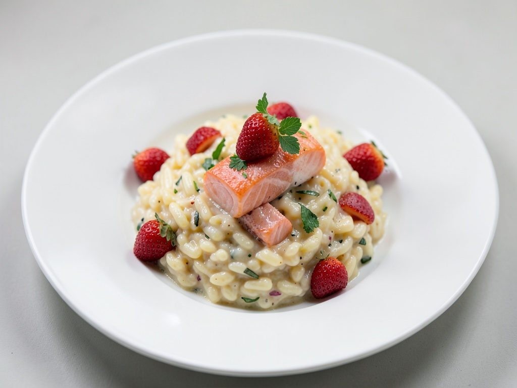 Risotto cremoso con salmone e fragole fresche