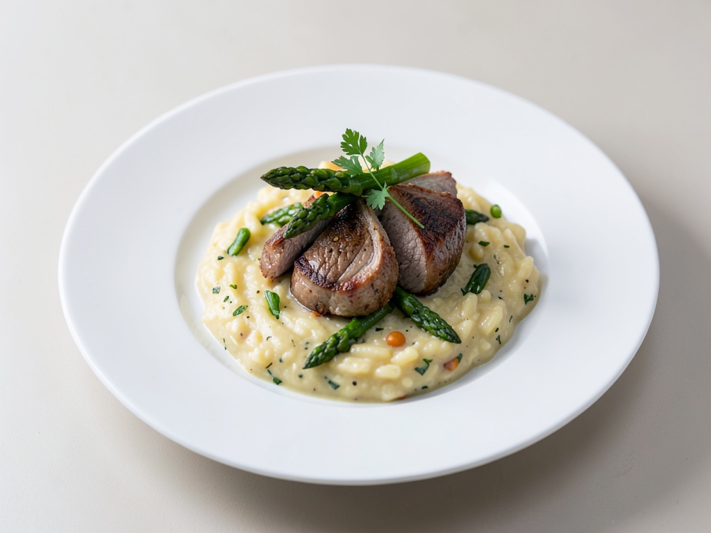 Risotto cremoso con asparagi e costolette d'agnello