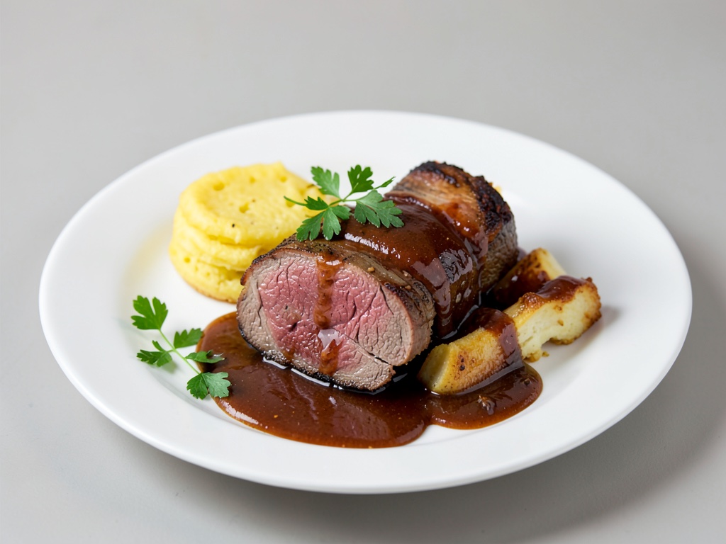 Saftiges Knochenbraten-Rindfleisch mit Soße und Yorkshire-Pudding