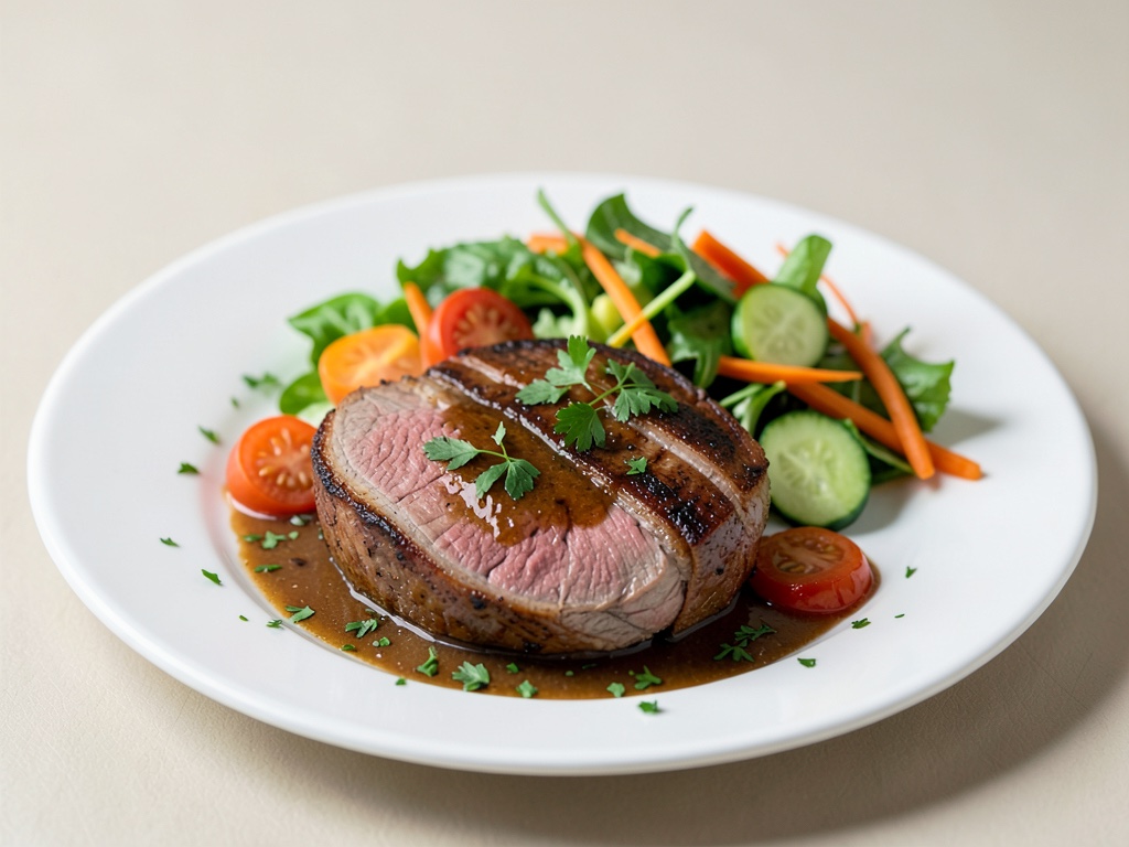 Roastbeef rosa con insalata fresca di verdure ed erbe