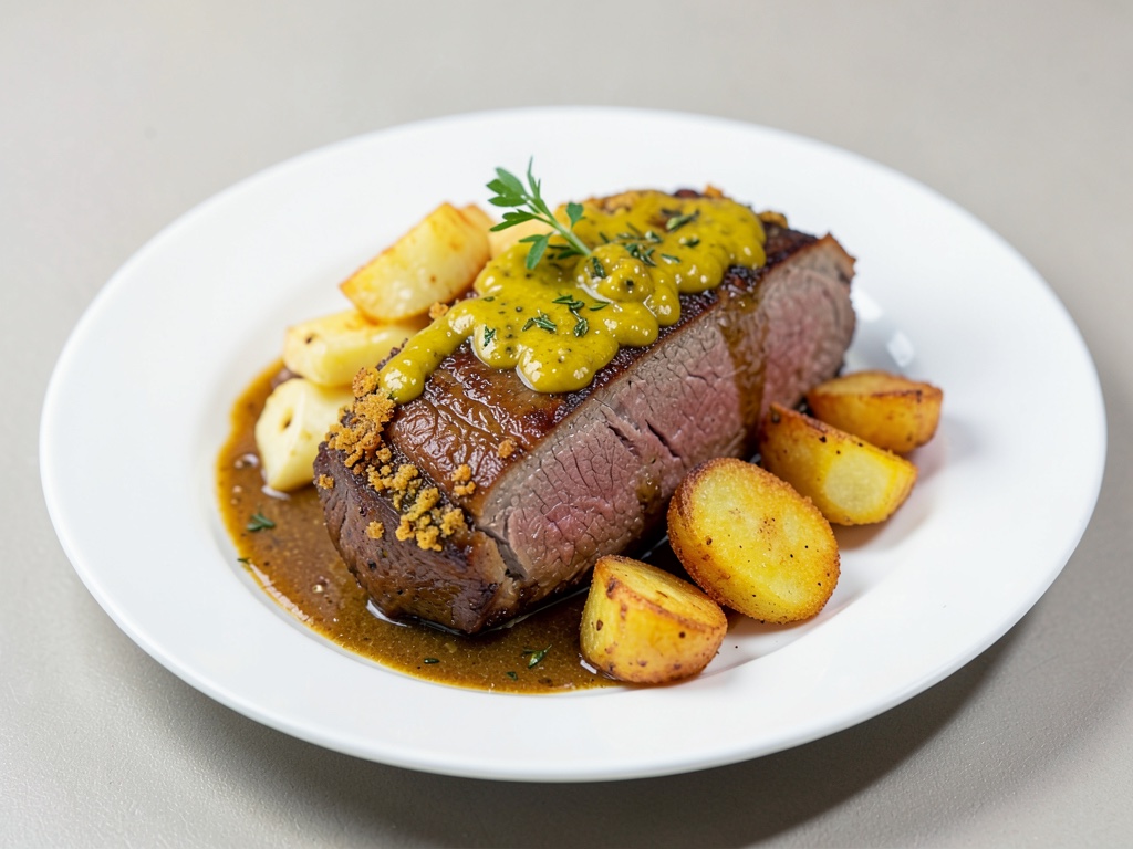Roastbeef succoso con crosta di senape e patate fritte