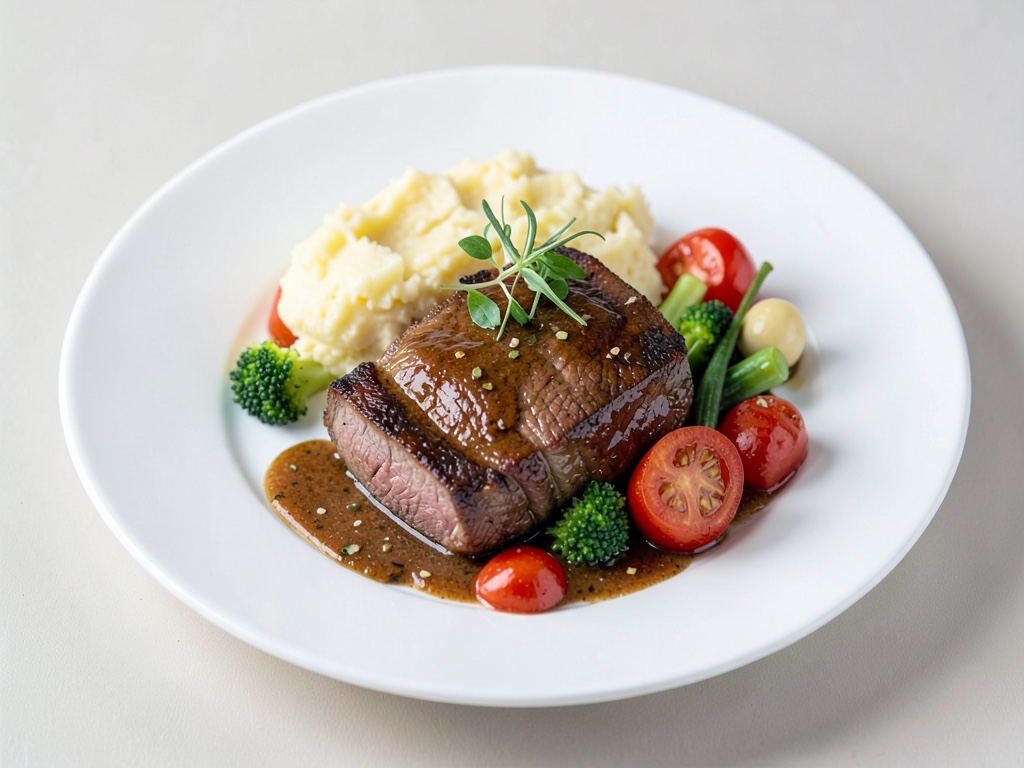 Roastbeef succulento con purè di patate e verdure