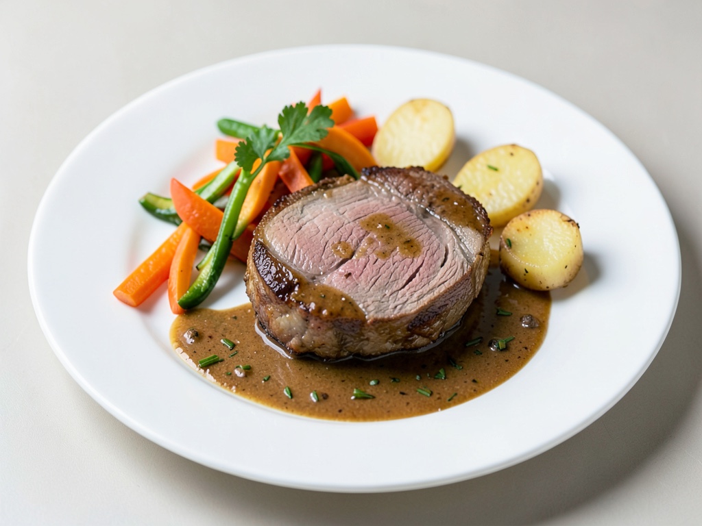 Roastbeef avec des légumes en julienne et des pommes de terre