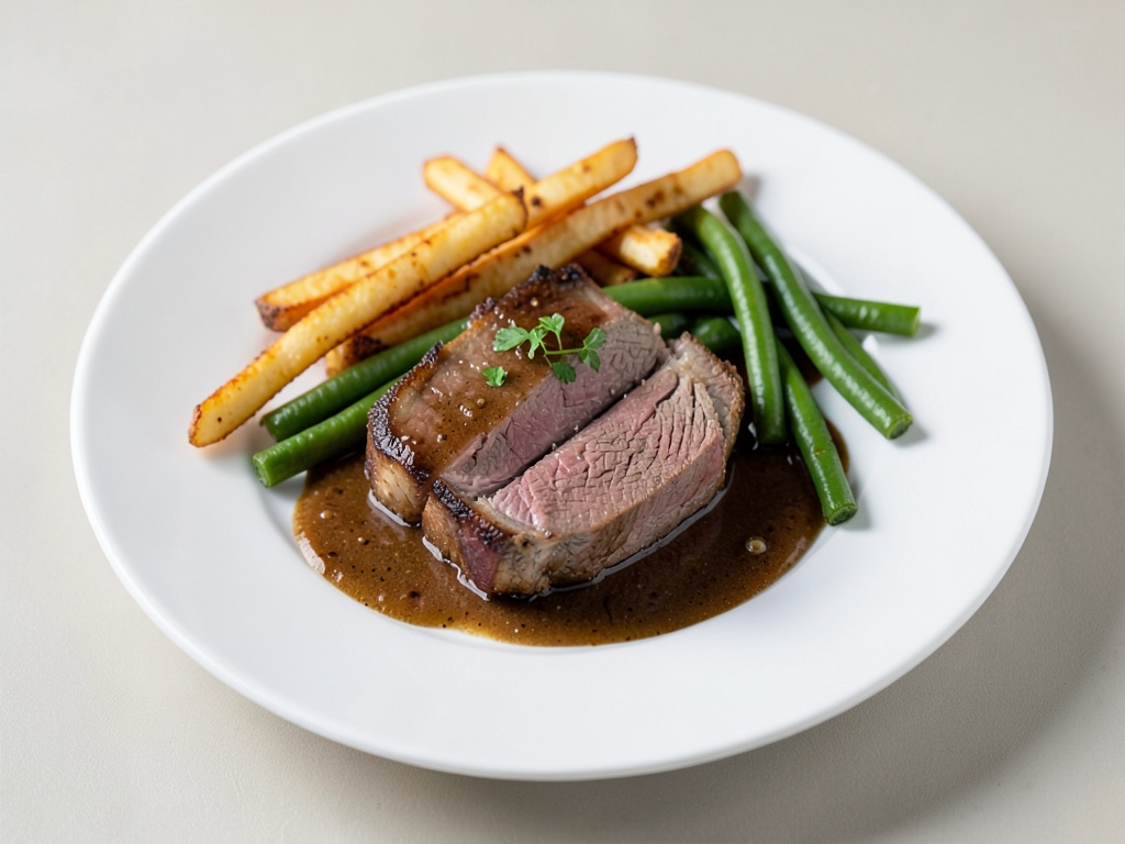 Roastbeef succulento con bastoncini di patate croccanti e fagiolini verdi