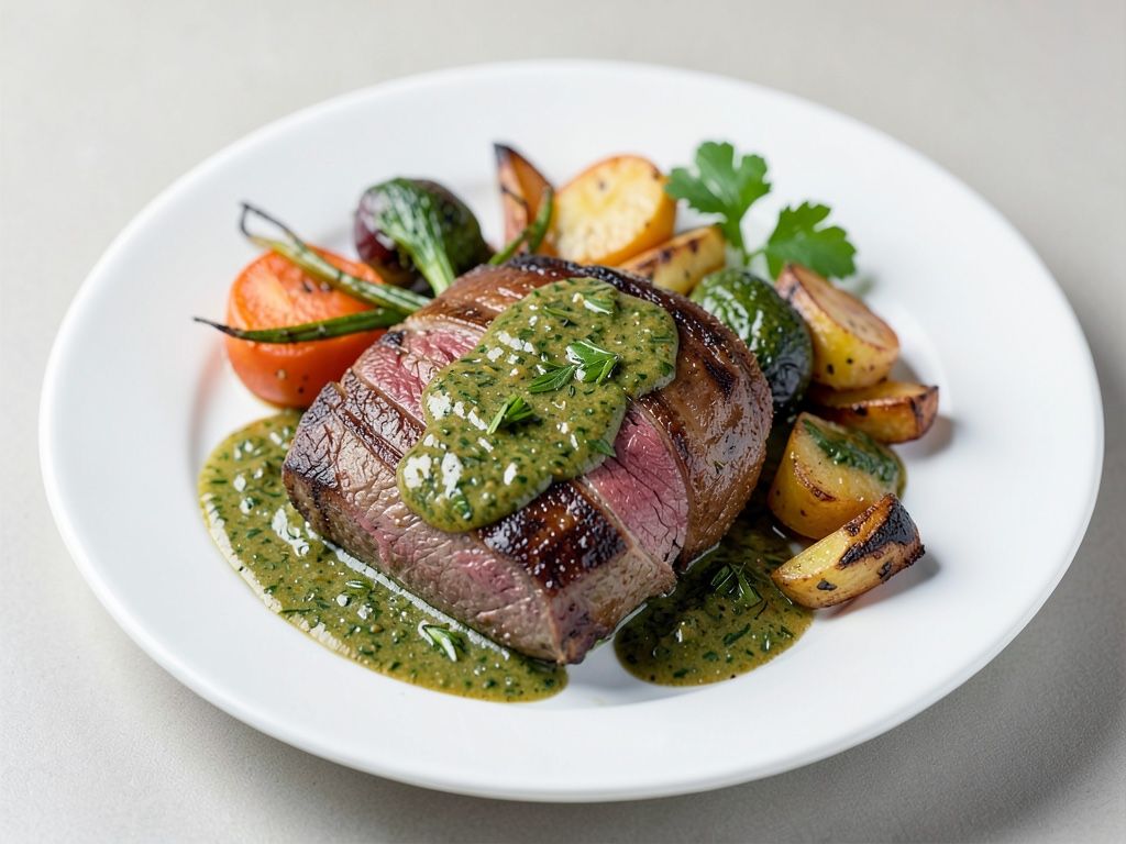 Jusue Roastbeef avec sauce aux herbes fraîches et légumes rôtis