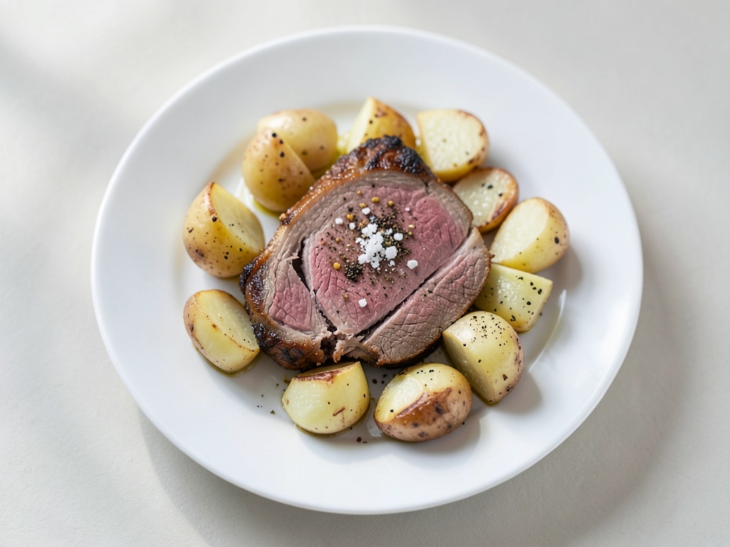 Roastbeef tenero con patate al forno e rucola
