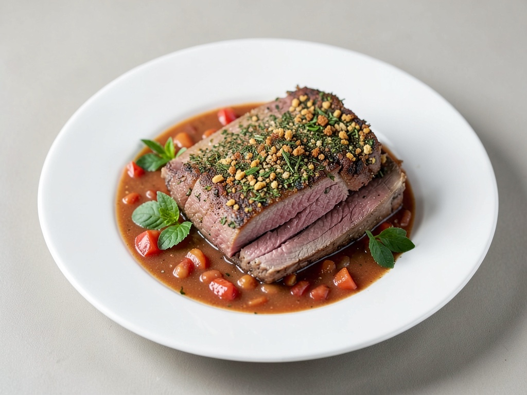 Roastbeef succulento con crosta alle erbe e stufato di fagioli e pomodori