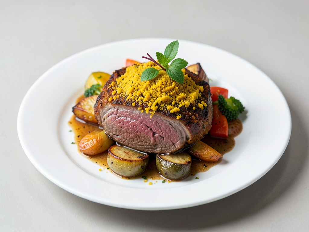 Roastbeef succoso con crosta di senape e verdure al forno