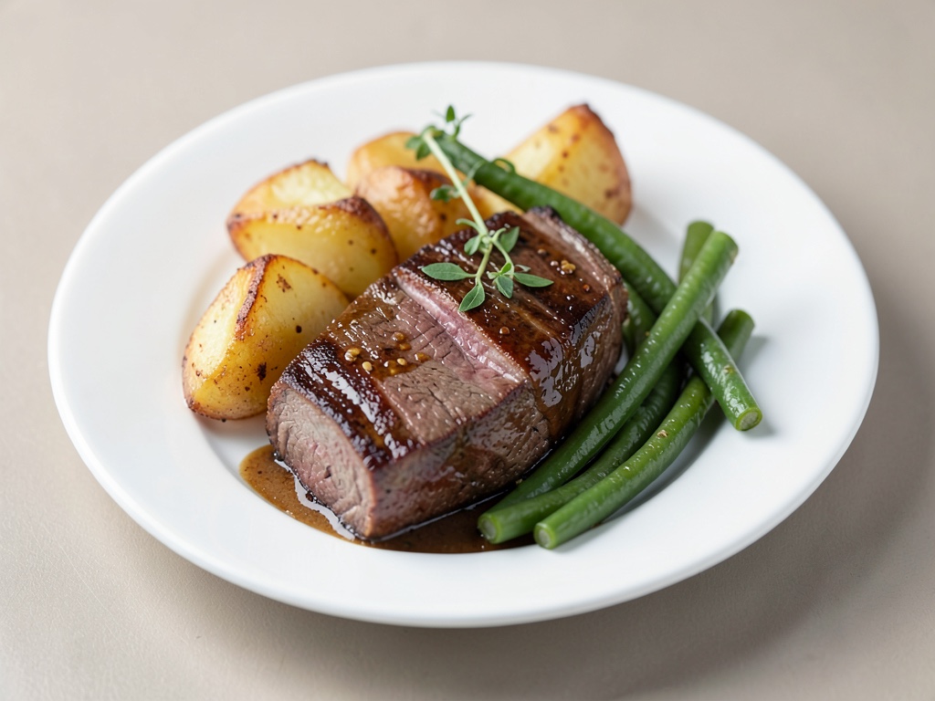 Roastbeef Angus succulento con patate croccanti e fagiolini croccanti