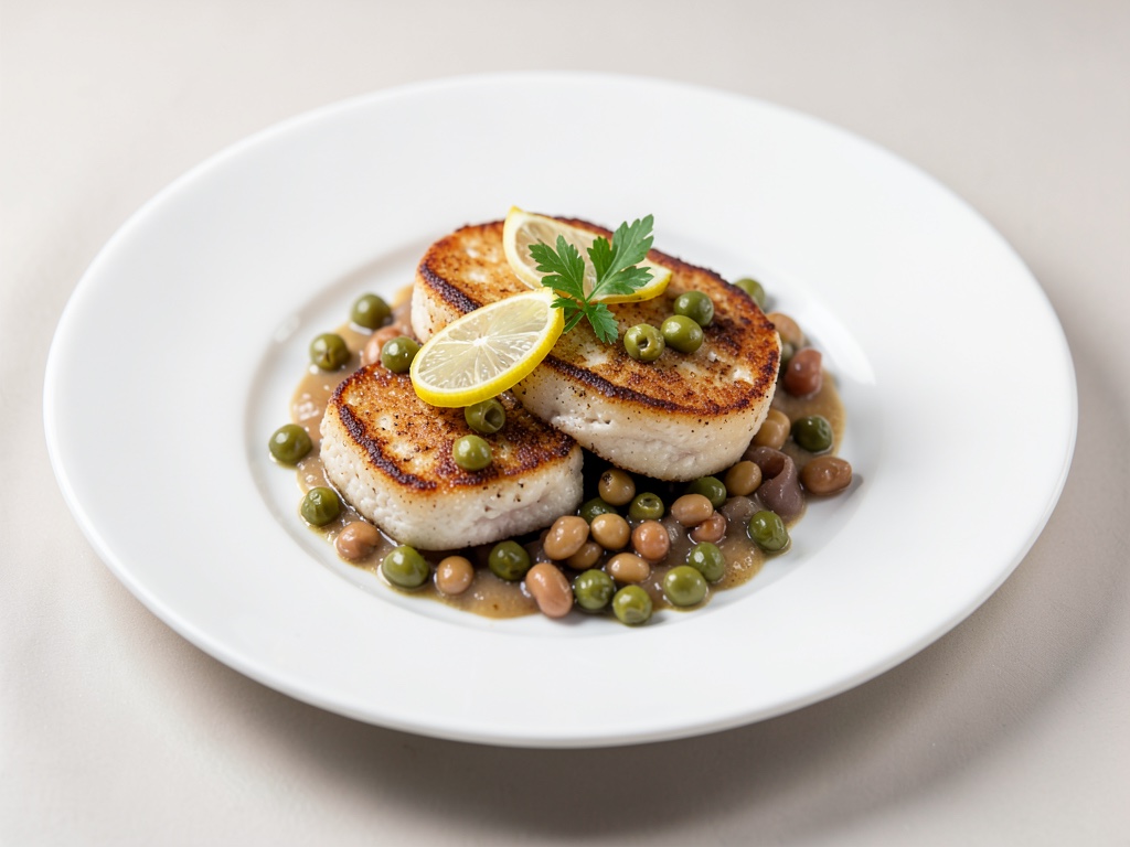 Gebratene Rochenfilets mit Zitrone, Kapern und Bohnen