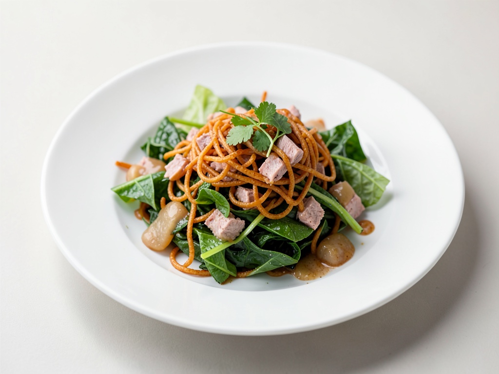Insalata asiatica di romaine con noodles croccanti e tonno
