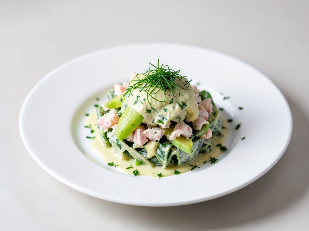 Insalata romana cremosa con avocado, gamberi e condimento al crescione