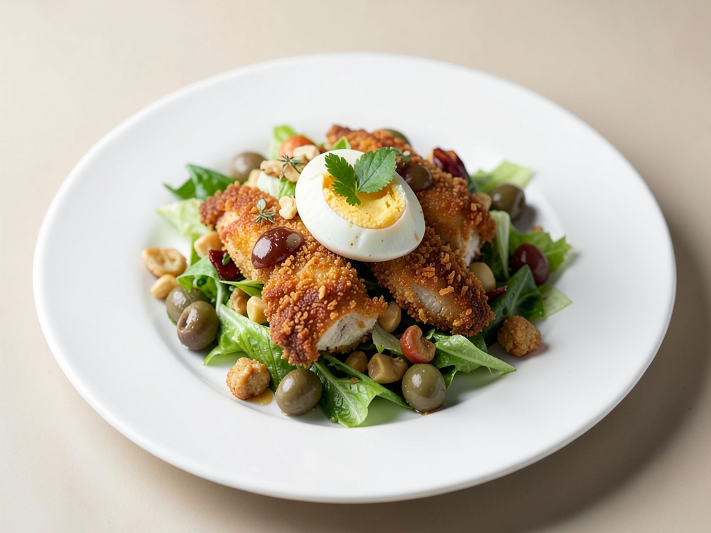 Insalata croccante di pollo con uova, olive e noci