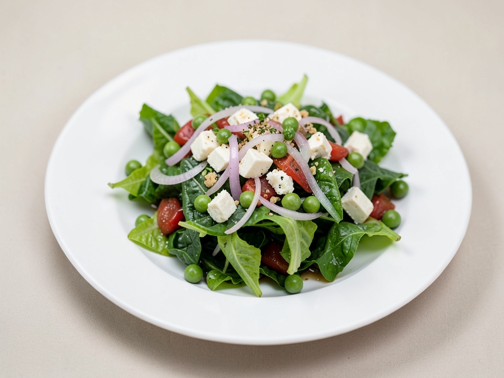 Insalata romana fresca con piselli, formaggio di capra e cipolle