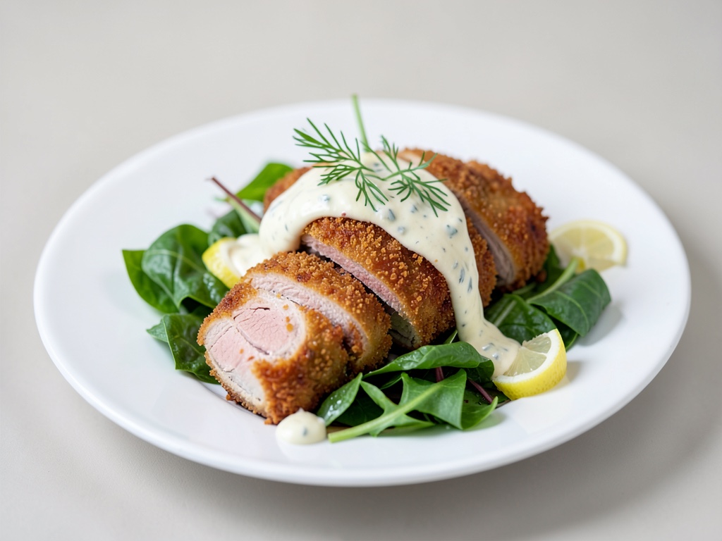 Cotolette di tacchino croccanti su insalata romana con condimento allo yogurt al limone