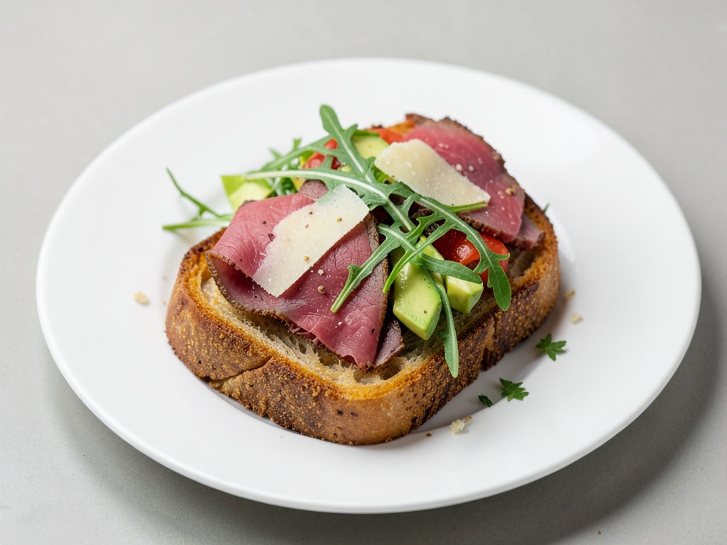 Pane tostato croccante con manzo sottile, rucola, avocado e parmigiano