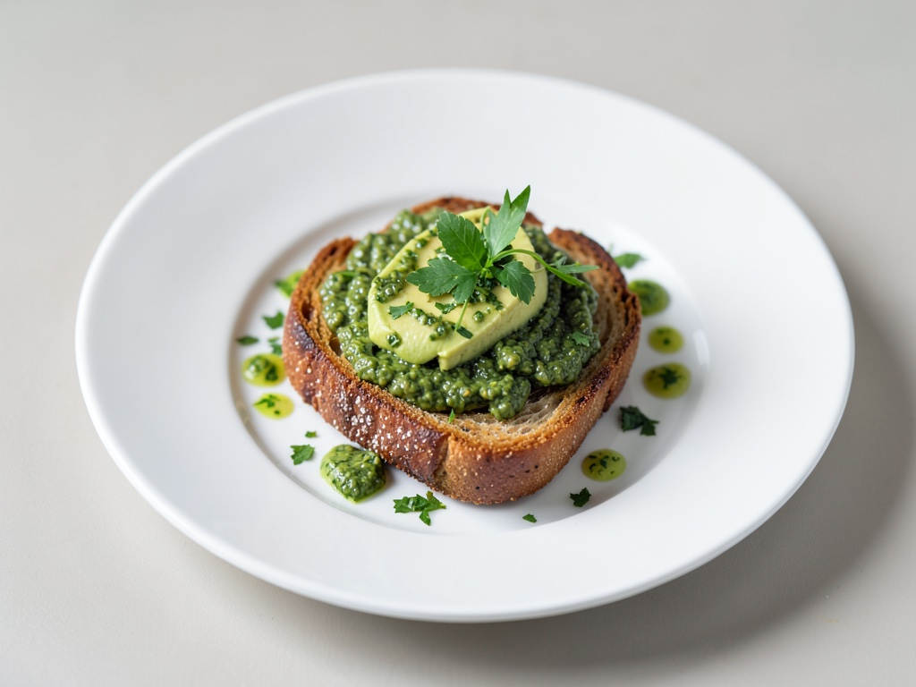 Pane tostato croccante con pesto fresco alle erbe e avocado