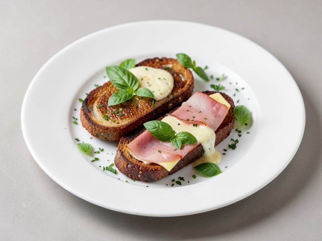 Pane tostato croccante con basilico, prosciutto e formaggio