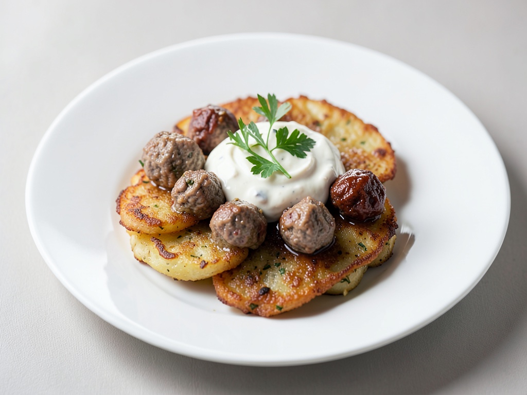 Pommes de terre croustillantes avec boulettes de viande et trempade au quark