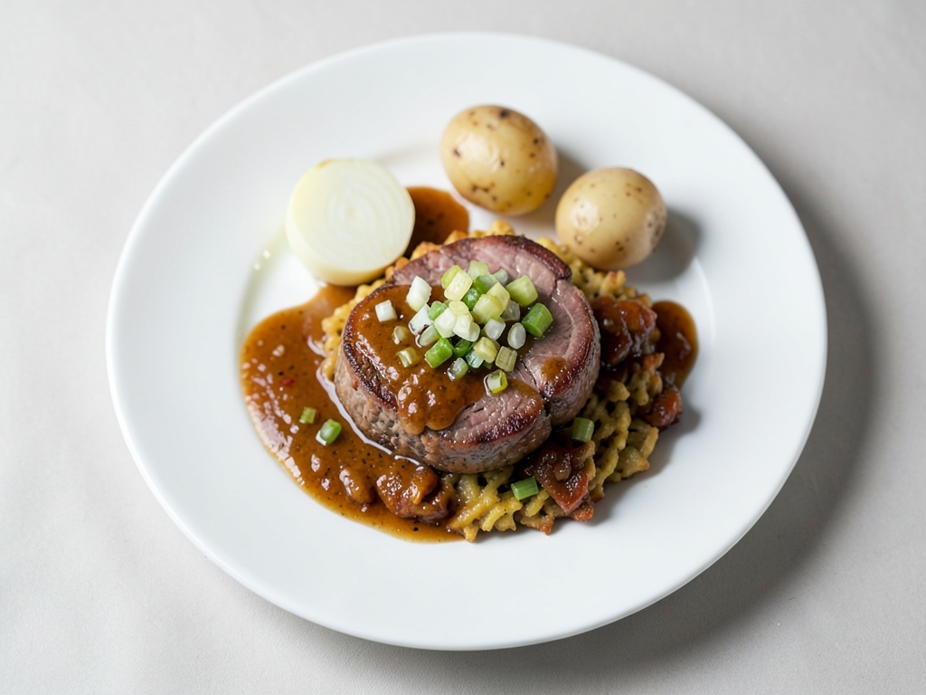 Rösti croccante con salsicce e salsa alle cipolle cremosa
