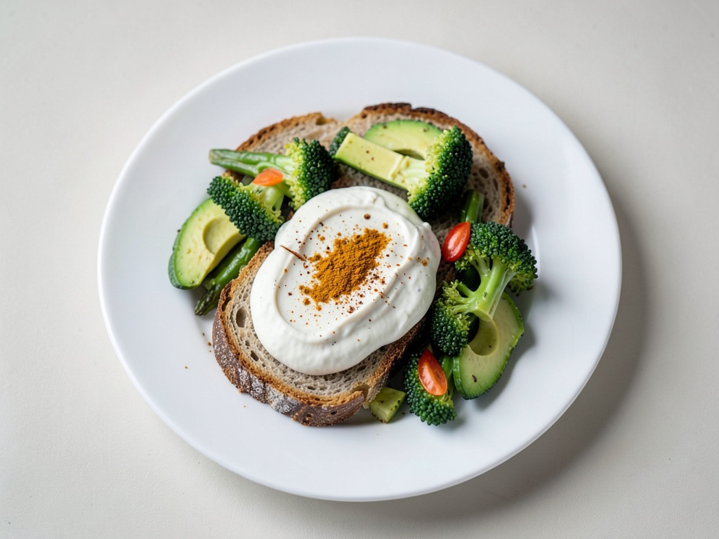 Pane di segale all'avocado con contorno cremoso di broccolini