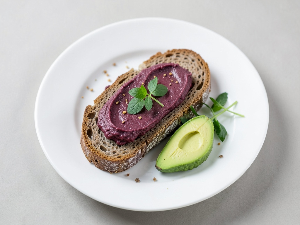 Pan de centeno crujiente con humus de remolacha y aguacate