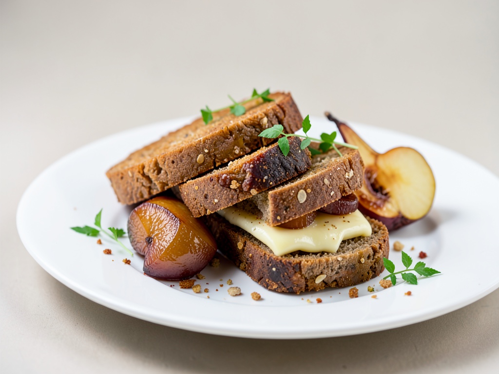 Sándwiches crujientes de pan de centeno con peras caramelizadas y queso fundido