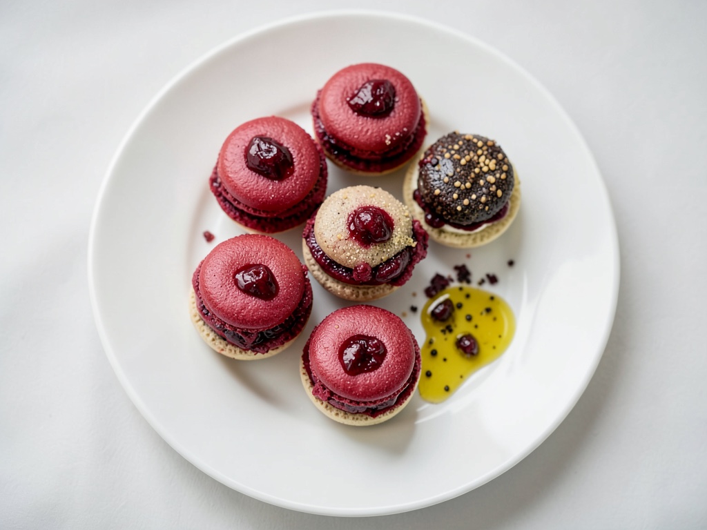 Macarons de coco con fresas deshidratadas y relleno de fresa