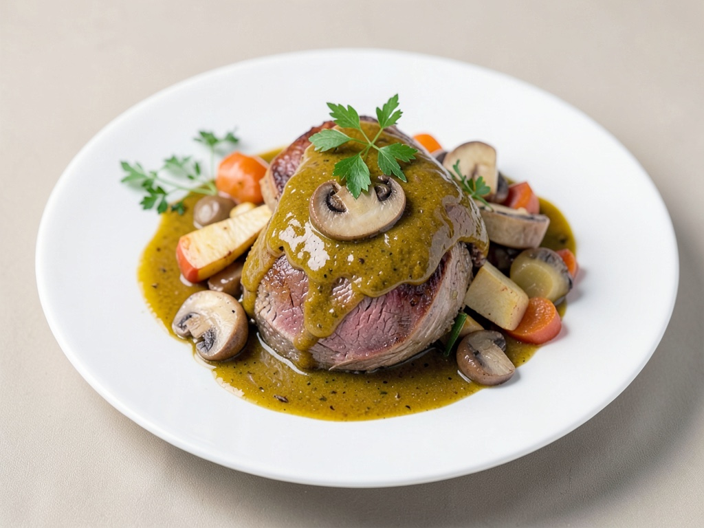 Tenero involtino di carne in salsa di senape e vino con funghi e verdure radicate