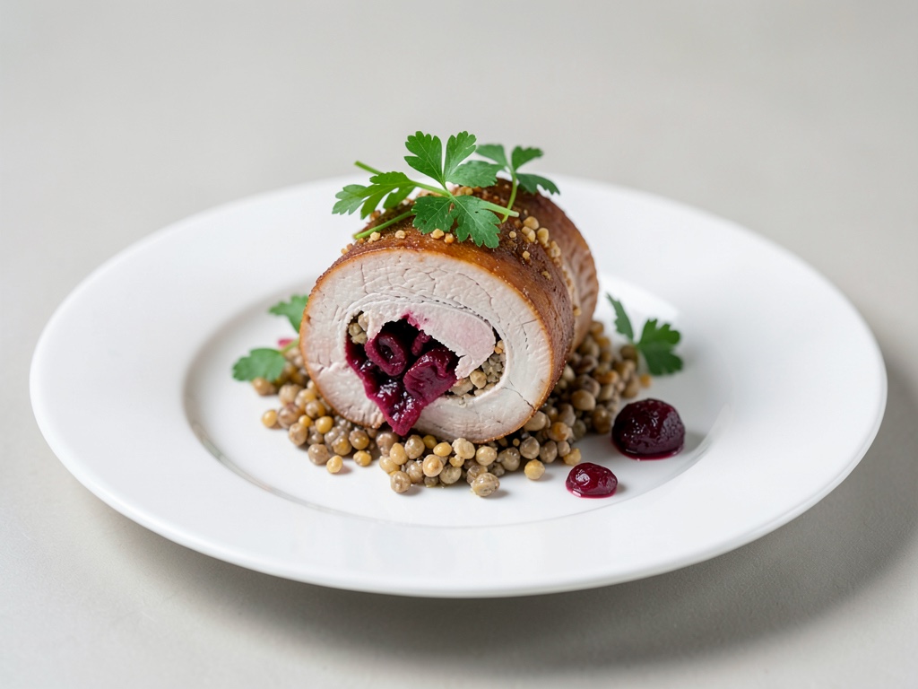 Rotolo di pancia di maiale brasato con ripieno di grano saraceno e mirtilli rossi