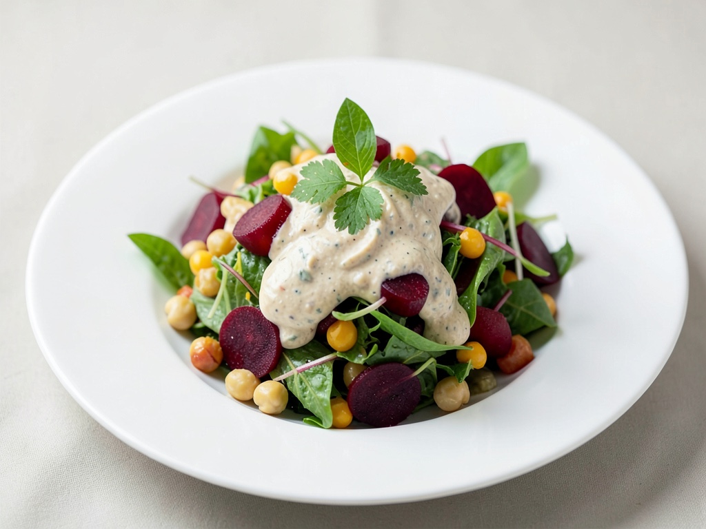 Insalata colorata con ceci, barbabietola e crema di hummus
