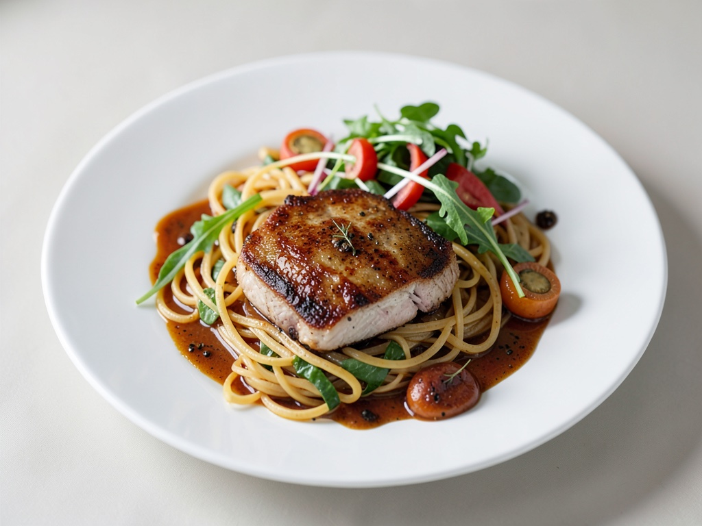 Petto d'anatra rosato saltato con insalata di noodles di vetro e salsa teriyaki