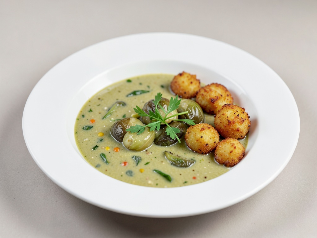 Soupe tiède de choux de Bruxelles avec boulettes de pommes de terre croustillantes