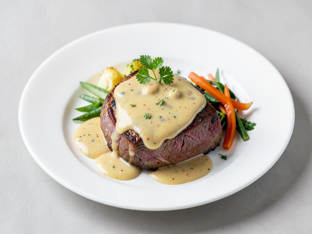 Suculento roastbeef con salsa cremosa di cipolle e vino
