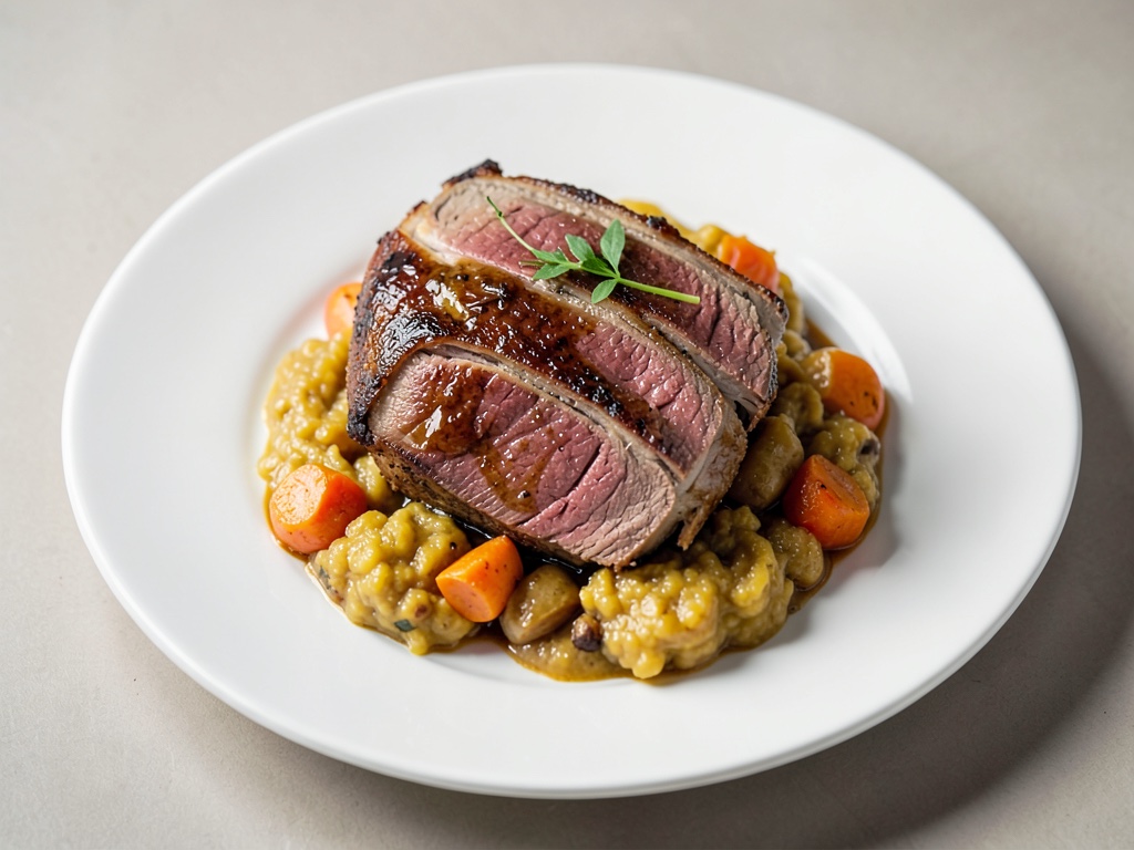 Juteux rôti de bœuf avec légumes racines en purée