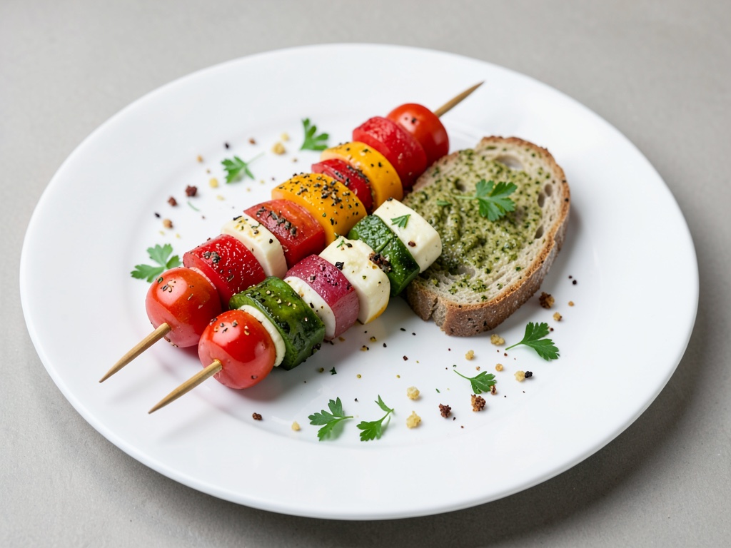 Bunte Spieße mit Tomate, Käse und Pesto-Brot