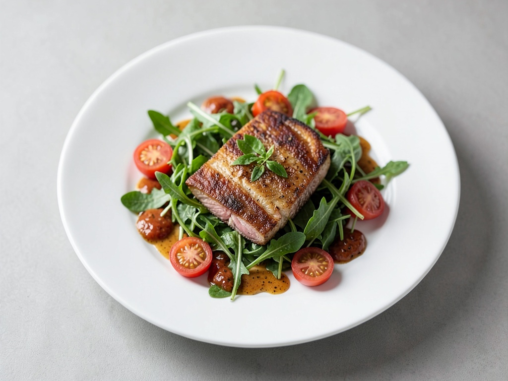 Orata rosolata su insalata di rucola con condimento al pomodoro