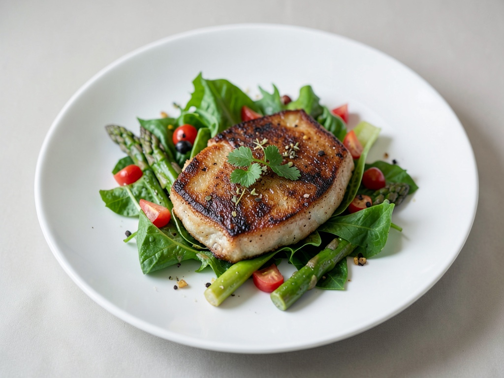 Gebratene Rotbarbe auf frischem Salat mit Spargel