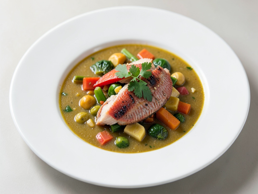 Zuppa di verdure colorate con orata