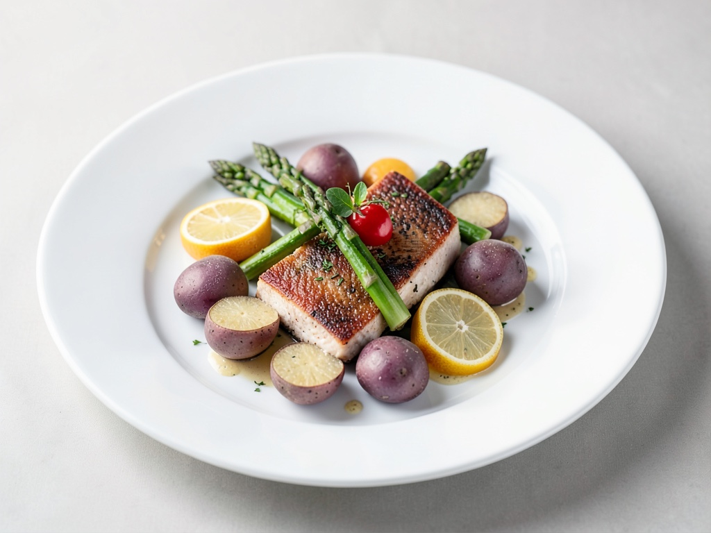 Filetto di robbia con asparagi, patate viola e agrumi