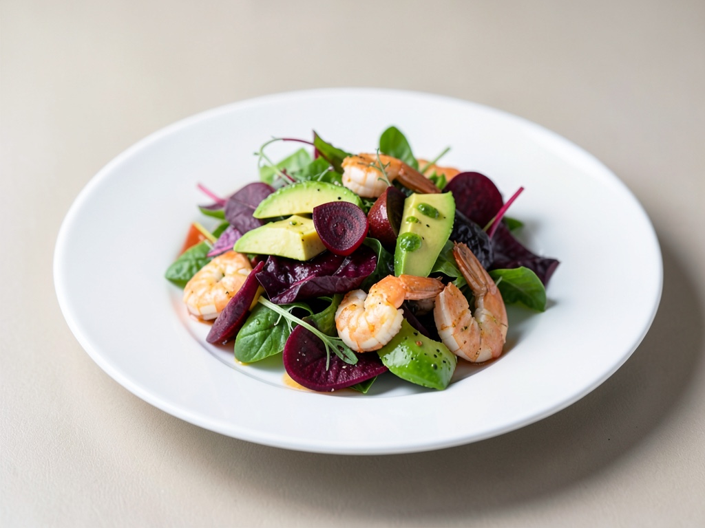 Insalata colorata con barbabietola rossa, avocado e gamberi