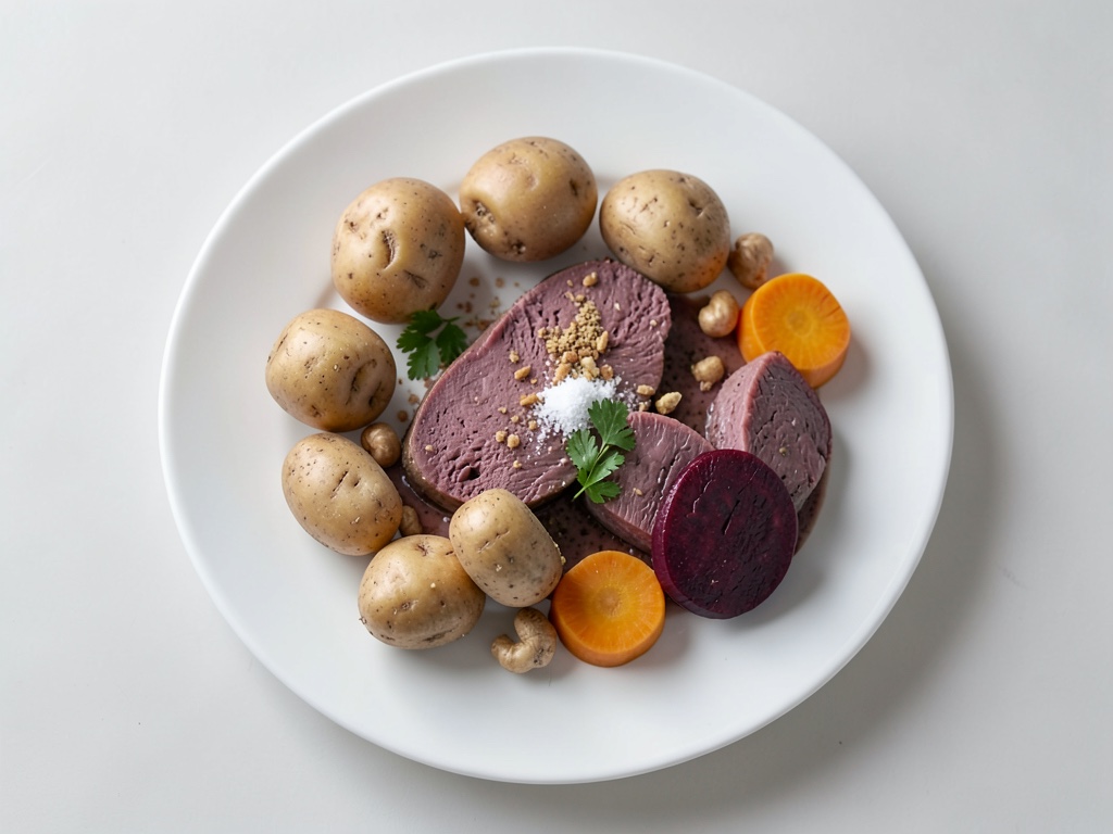 Baccalà al forno su purè cremoso di verdure radice con crunch di barbabietola