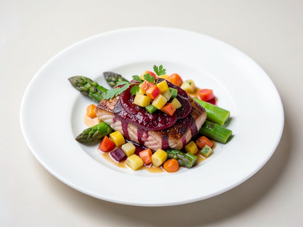Salmone in marinatura di barbabietola rossa con salsa di asparagi e ananas